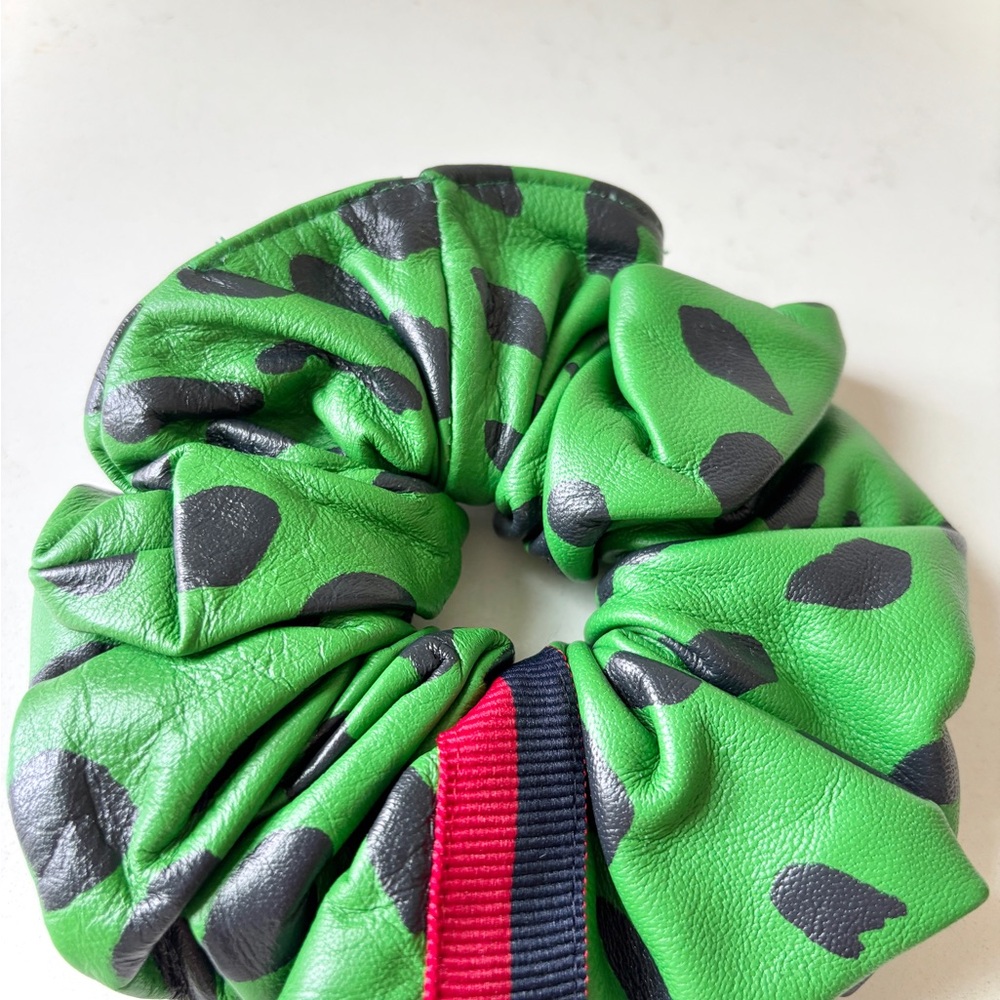 Clare V green and navy polka dot leather scrunchie - Picture 2 of 3
